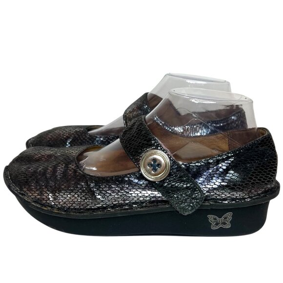ALEGRIA Paloma Pewter Charmer Mary Jane 39 8.5 9 Iridescent Snakeskin Clogs Nurs - Picture 5 of 9